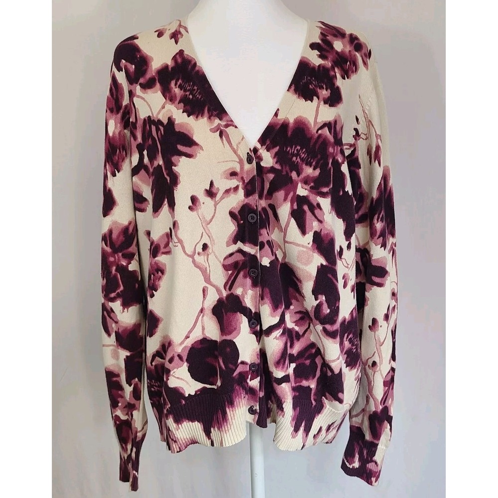 St Johns Bay Sweater Womens XLarge Purple/Pink Floral Cardigan 100% Cotton